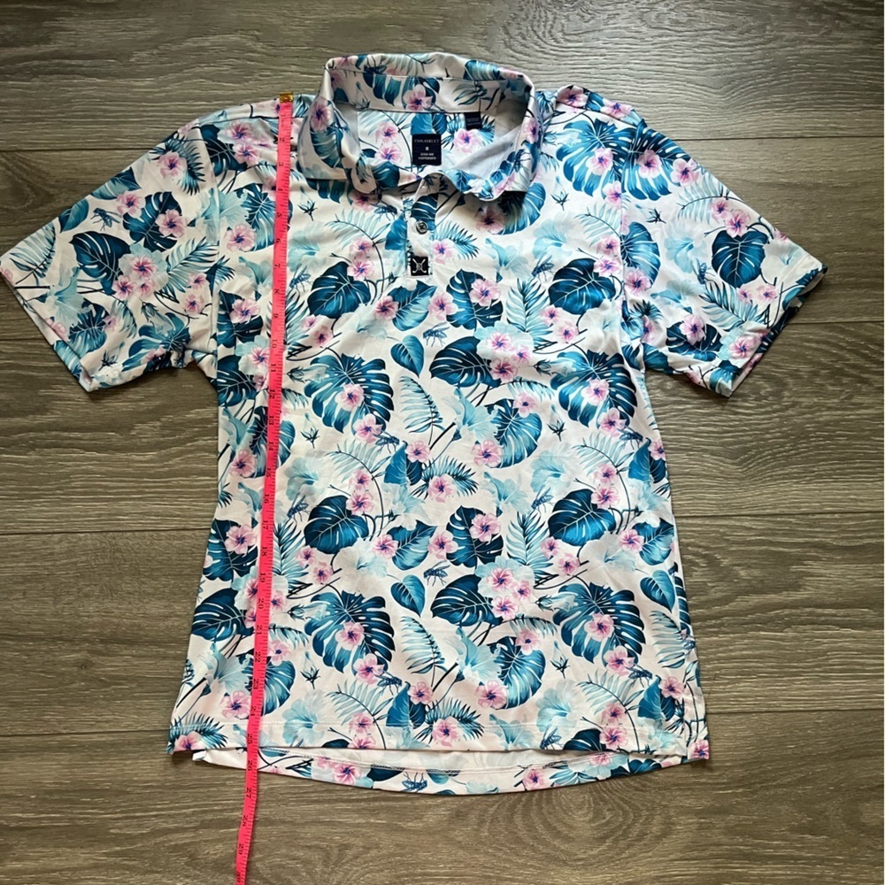 Con.struct Men’s White Blue Pink Hibiscus Palm Hawaiian Golf Polo Short Sleeve M - Picture 7 of 8